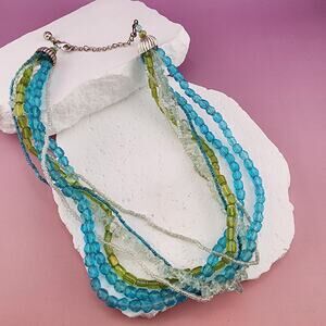 Blue Green Faceted Multistrand Bead Necklace Silver Tone 18.5"